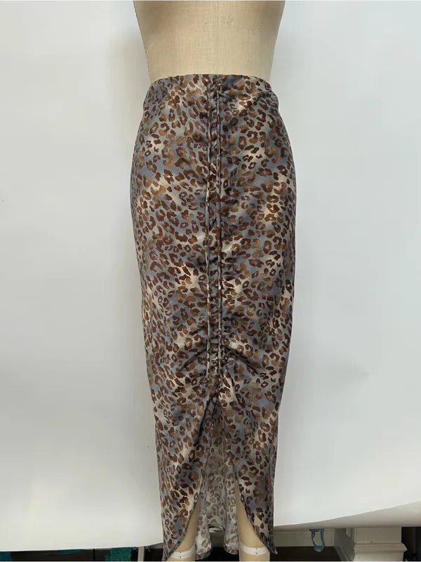 Miou Muse Leopard Satin Pencil Skirt in Gray & Brown - Image 5