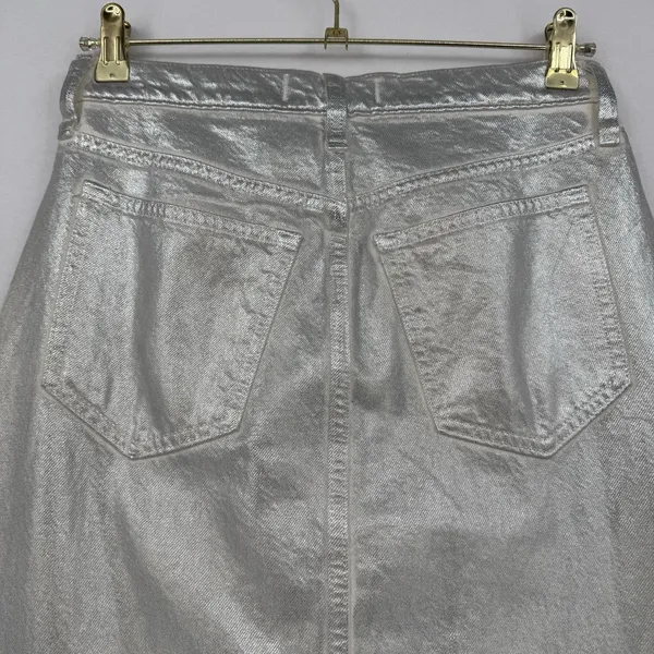 Abercrombie & Fitch Silver Metallic Denim Midi Skirt High Rise Chic Boho Size 26 - Image 5