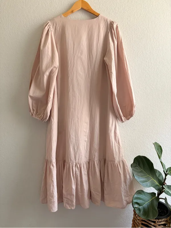 Aura Pale Pink Midi Belted Button Up Dress Lagenlook Ruffle Balloon Sleeve S - Image 2