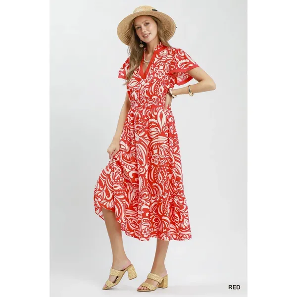 Umgee Paisley Print Midi Dress‎ with Side Pockets - Red - Small - Image 2