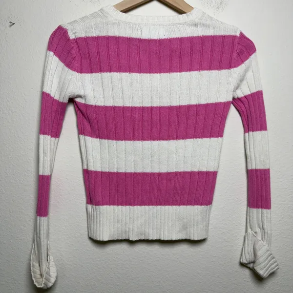 VTG Y2K Faded Glory Women Preppy Sweater XS Pink White Striped Cable Knit - Image 7