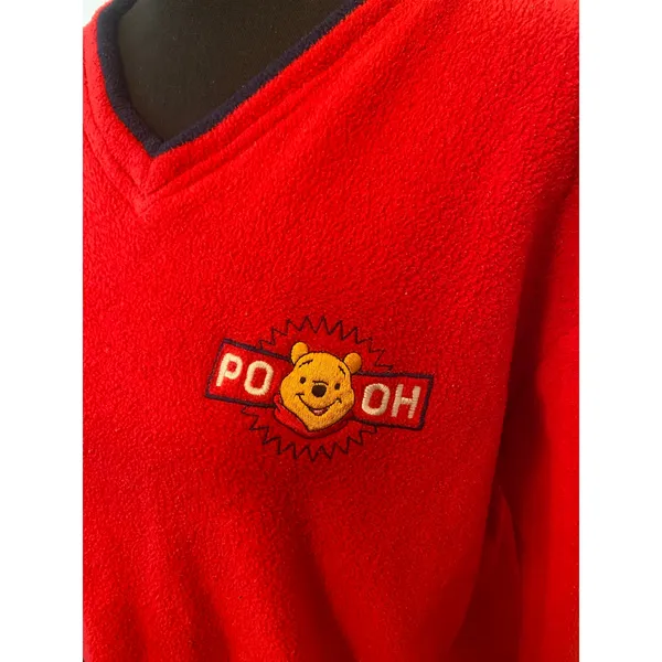 Vintage Disney Pooh V Neck Fleece Sweater Pullover with Navy Trim Embroidered - Image 2
