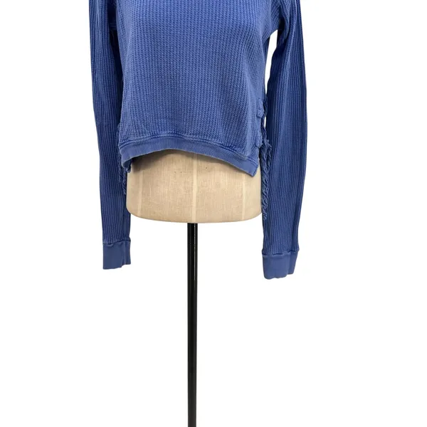 Free People FP One Cropped Interlaken Top Waffle Knit Long‎ Sleeve Blue Medium - Image 5