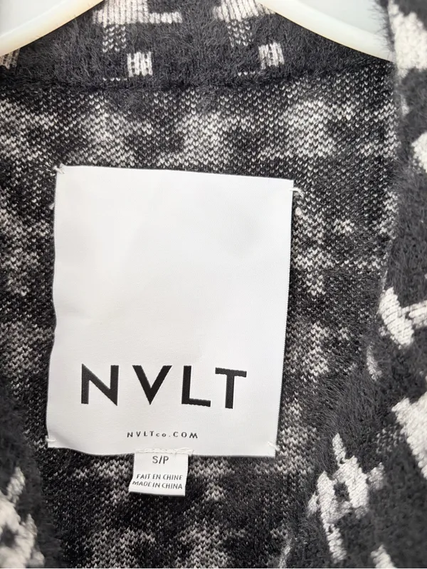 NVLT Fuzzy Knit Houndstooth BlacK White Two Button Blazer Jackets medium small - Image 3