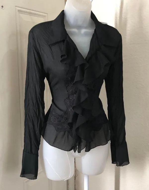 Whimsygoth gothic grunge steampunk Black lace & ruffle button shirt blouse top long flare sleeves office siren core dark academia Y2K - Image 3