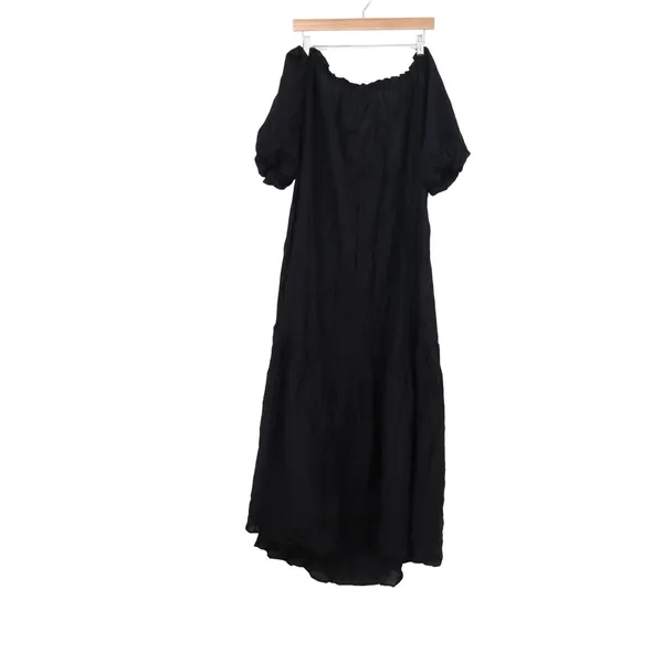 H&M Black Off Shoulder Maxi Dress XL Boho Puff Sleeve Tiered Tassel Tie Neck - Image 5