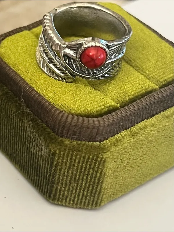 Boho/ Design Red Turquoise Silver Feather Wrap Wide Band Size 8 - Image 3