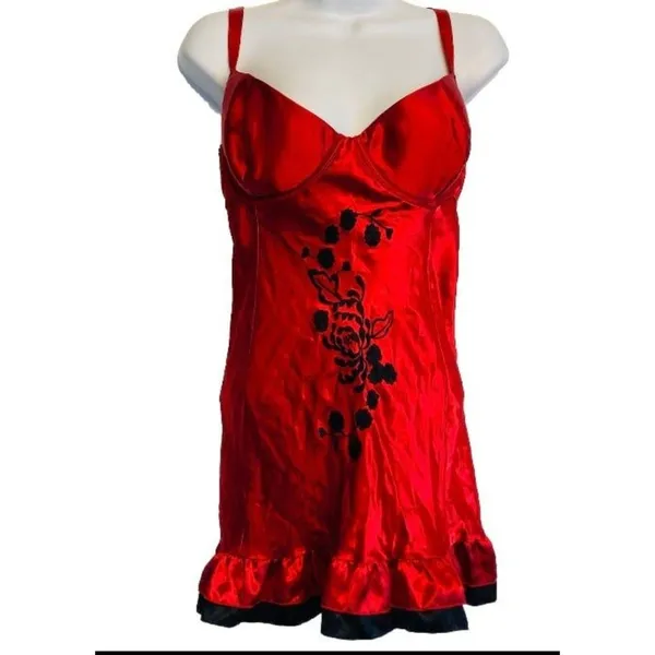 Fredericks of Hollywood Chemise Women 38 Red Satin Floral‎ Embroidered Slip - Image 2