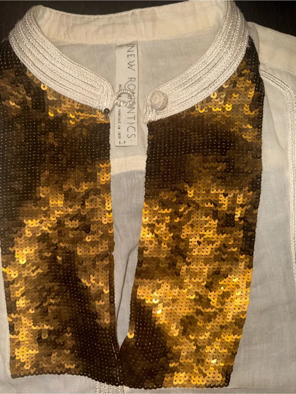Romantic Boho Blouse Gold Embroidered Bib Front Top Cottagecore Peasant - Image 6