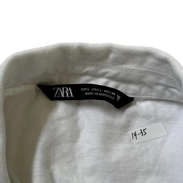 Zara Women Large Crop Denim Shirt Jacket White Button Front Short Sleeve | 14-35 - Image 3