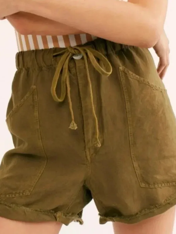 Free People Tomboy Linen Blend Raw Hem Drawstring Shorts in Army Green Sz Small - Image 2