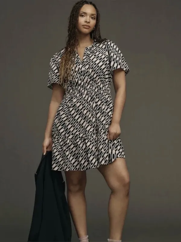 Anthropologie Somerset Cotton Smocked Waist Mini Dress Navy Link Pattern Large - Image 4