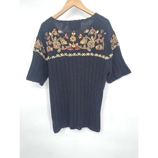 Vintage Northern Isles Cardigan Sweater Women L Navy Floral Hand Embroidered 90s - Image 6