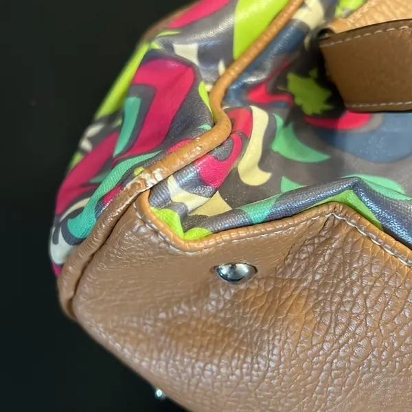 Lily Bloom Multicolor Satchel Handbag‎ Geometric Floral Coated Canvas Brown Trim - Image 13