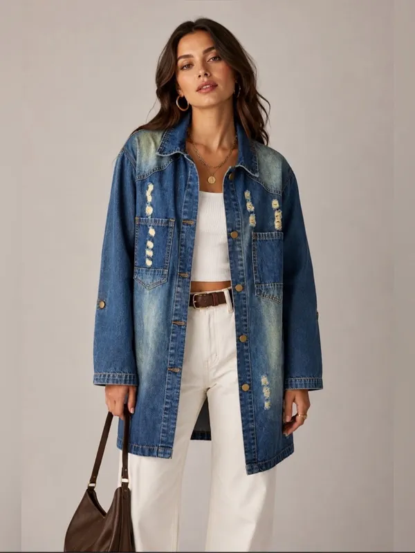 Woman Distressed Denim Jacket Shirt Dress Medium Medium Wash Long Sleeve - Image 3