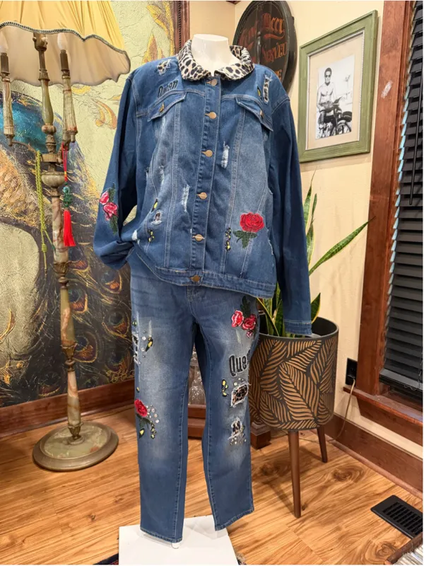 K Jordan 2pc Denim Set Plus Sz 3X Jacket 24W Jeans Leopard Rose Distressed Queen - Image 3