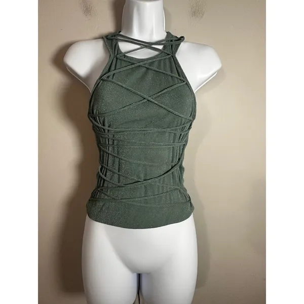 White Fox Without A Trace Top Sage Green‎ Metallic Strappy Halter Y2K Size M - Image 2