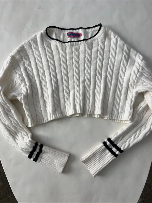 EDIKTED Cropped Cable Knit Ivory Stripe Contrast Sweater Preppy Academia Small - Image 2