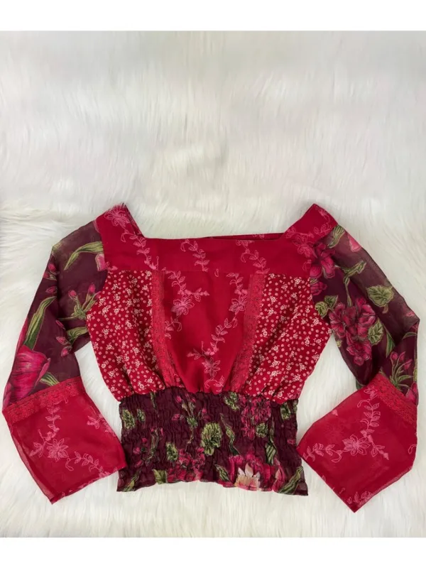 Passport Floral Smocked Elastic Waist Peasant Top Blouse Size L Burgundy - Image 12