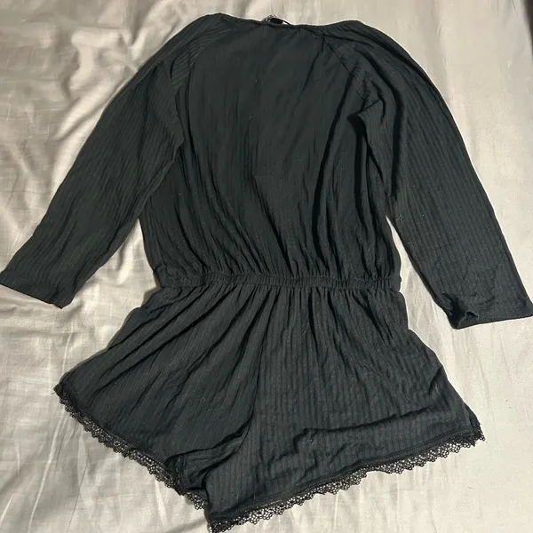 Victoria's Secret Black Long Sleeve Lace Trim Pajama Romper Size S - Image 3