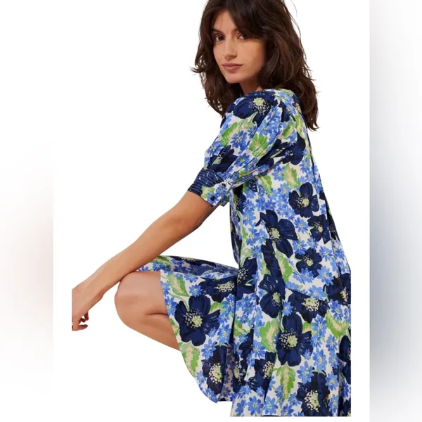 Free People Floral Mini Dress Blue Green Flowy‎ V Neck Size LG Moon Chaser - Image 12