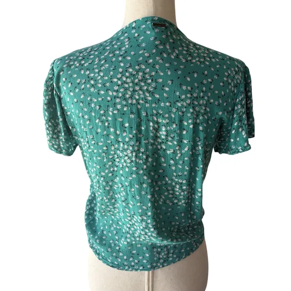 Billabong Wrap Tie Blouse Green White Polka Dot Short Sleeve Cotton Polyester S - Image 2
