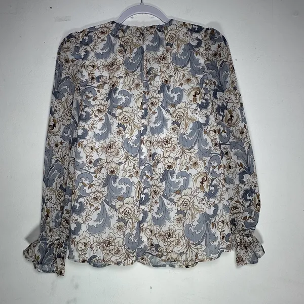 Ann Taylor‎ Factory MP Floral Damask Blouse Blue Tan Ruffle Cuff Long Sleeve - Image 2