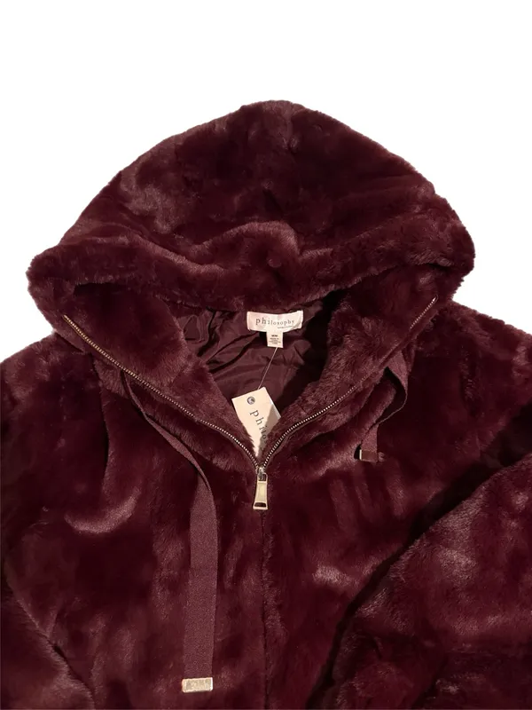 NWT Nordstrom Philosophy Faux Fur Coat Size Medium Burgundy - Image 3