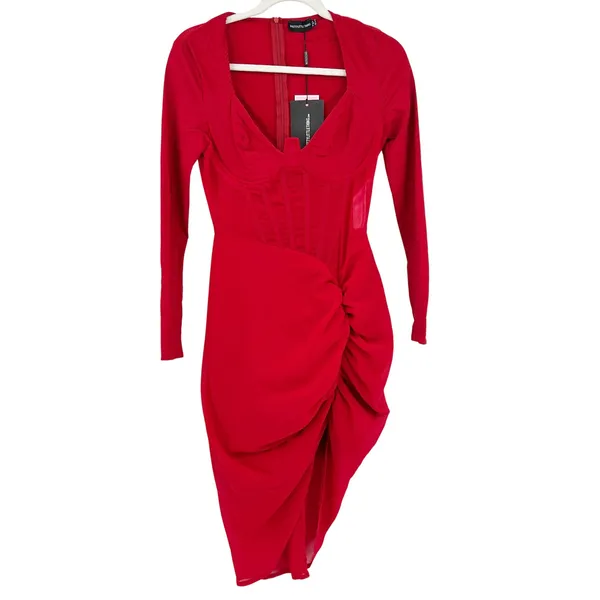 NWT PrettyLittleThing Womens Bodycon Corset Detail Ruched Midi Dress Size 4‎ Red - Image 3