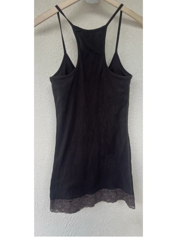 VTG Abercrombie & Fitch Brown Ribbed Lace Hem Racerback Cami Tank Top Small Logo - Image 2