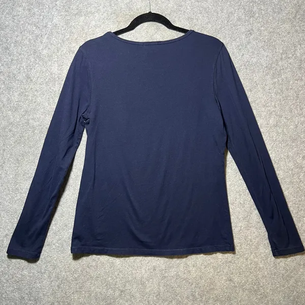 Lauren Ralph Lauren Navy Blue V-Neck Long Sleeve Cotton Top RL Monogram Size M - Image 5