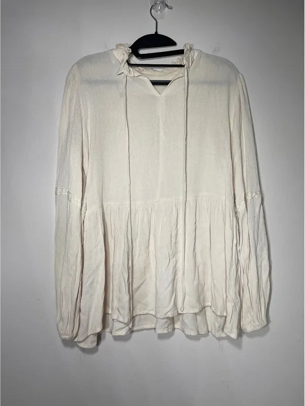 Polagram Cream Pintuck Lace Blouse Cottagecore Boho Ruffle S - Image 7