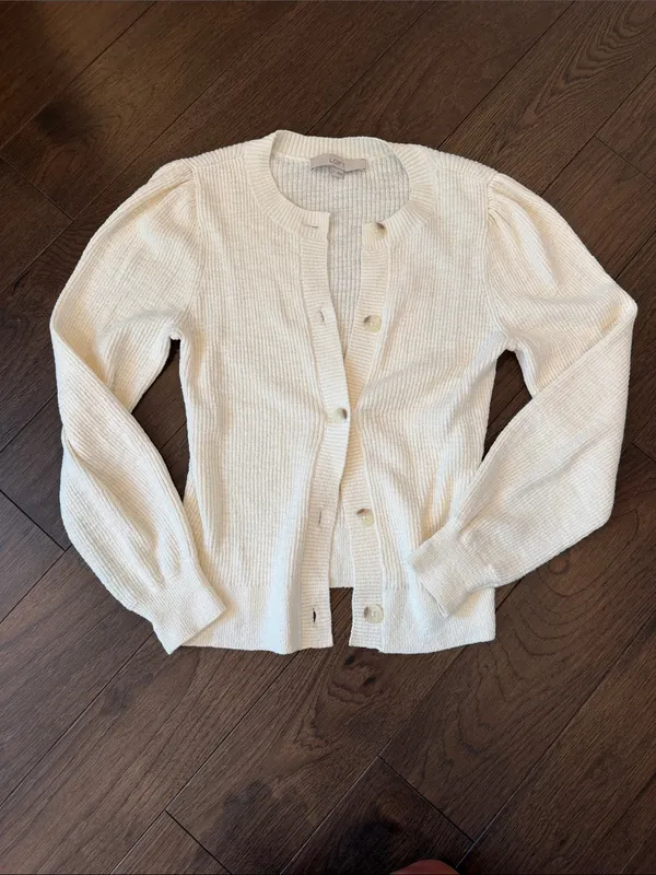 LOFT Cream Button-Front Puff-Sleeve Ribbed Sweater Cardigan Size Small - C54-144 - Image 6