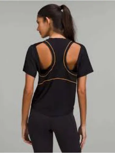 Lululemon Ventilated Open-Back Training T-Shirt in Black with Orange Soda trim - Image 2