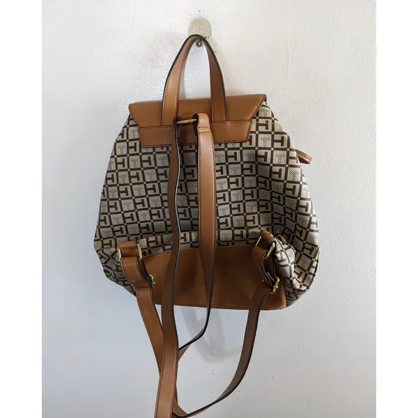 Tommy Hilfiger brown tan backpack logo purse drawstring closure good condition - Image 3