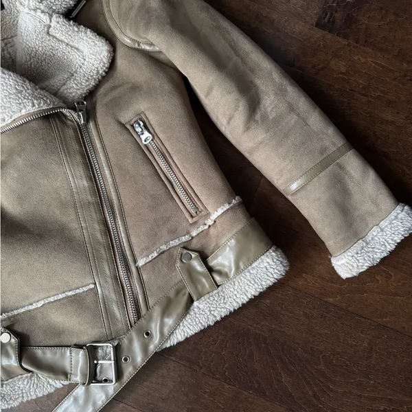 Zara faux suede tan borg Sherpa lined jacket coat size small - Image 3