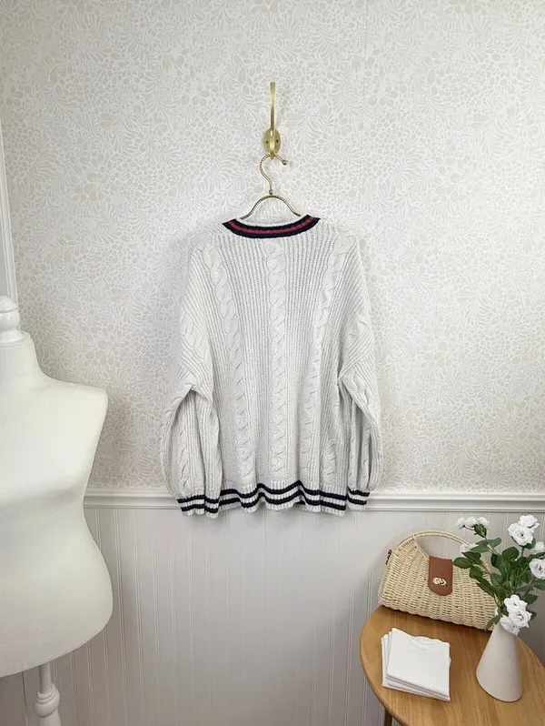 American Eagle Creamy Gray Varsity Cable Knit Button Cardigan - Size - Large - Image 5