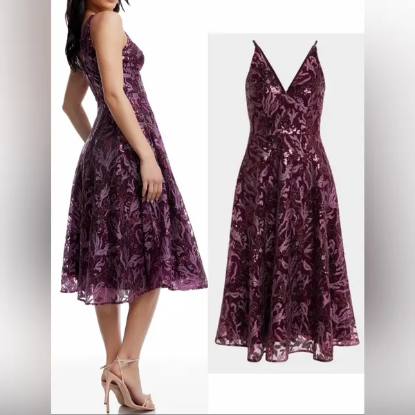 New Dress the Population Elisa Floral Sequin Fit & Flare Plum Purple Dress M - Image 2