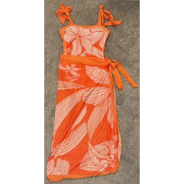 NWOT Orange Tropical Floral One Piece Swimsuit & Sarong Set Size M Resort - Image 10