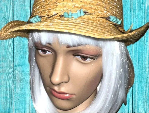 Cute straw fedora with turquoise beaded band! Tan - Image 7
