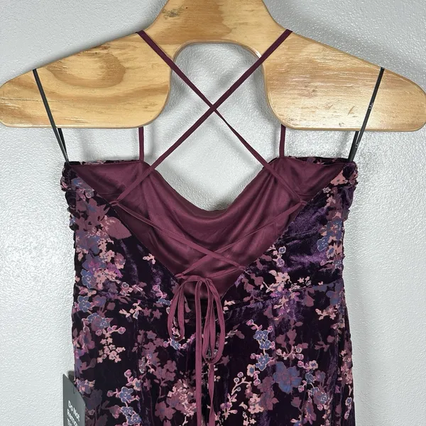 NEW Lulus Floral Burnout Velvet Midi Dress Womens XXL Purple Plum Tie Back Slit - Image 5