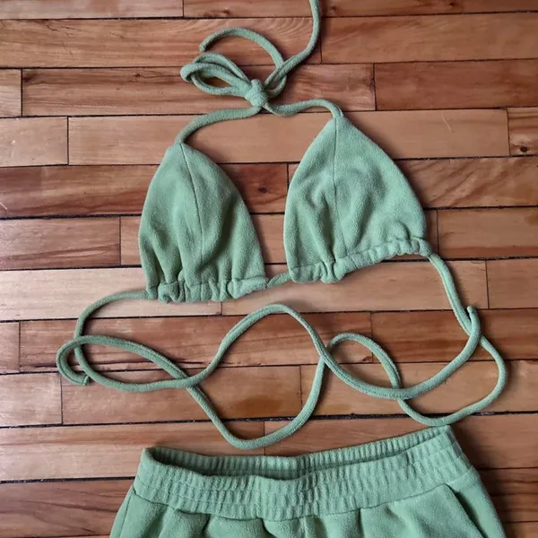 Fuzzy Bikini Shorts Set Chartreuse Sage Green Small Women's Night Wear Summer - Image 2