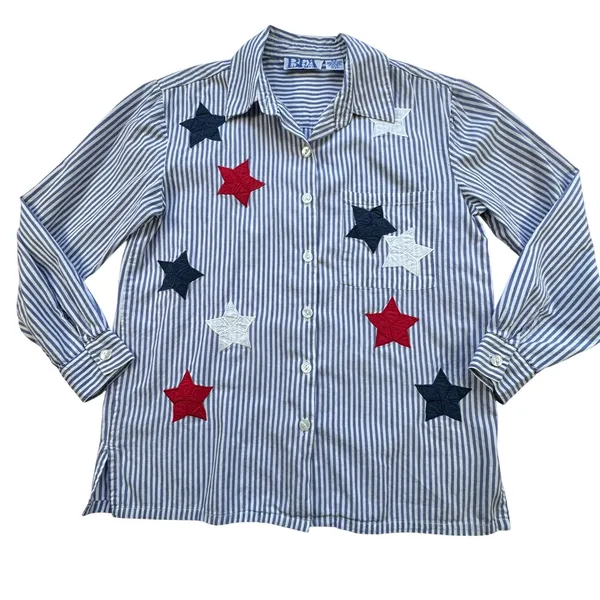 BFA Classics Blue White Striped Shirt Womens Med Petite Star Patriotic‎ Vintage - Image 13