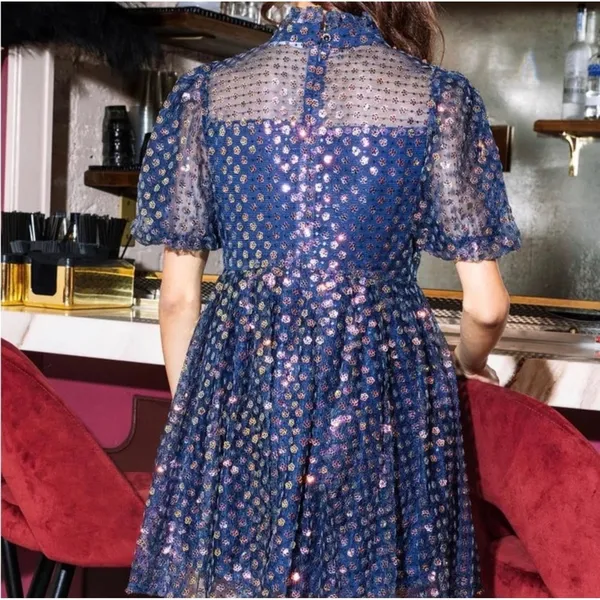 Queen Of Sparkles Navy Sequin Flower Mini Dress Mock Neck‎ Puff Sleeve XS NWT - Image 2