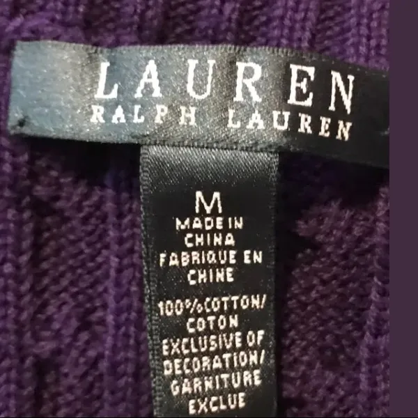 Lauren Ralph Lauren Knit Sweater Purple 100% Cotton V Neck Sz M Heritage Classic - Image 6