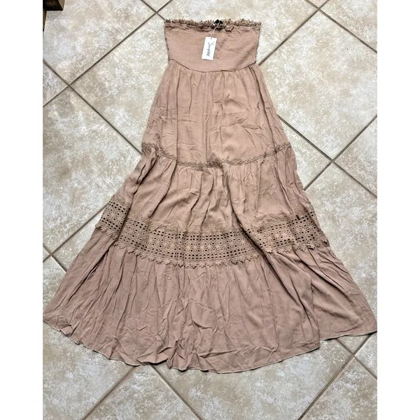 Mauve Pink Strapless Maxi Dress – Smocked Bodice & Crochet Lace Trim | Size S - Image 8