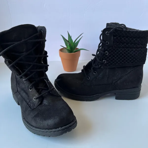 BOC Combat Womens Boots Size 6M Y2K Knit Cuff Boho Grunge Black Stacked Heel - Image 13