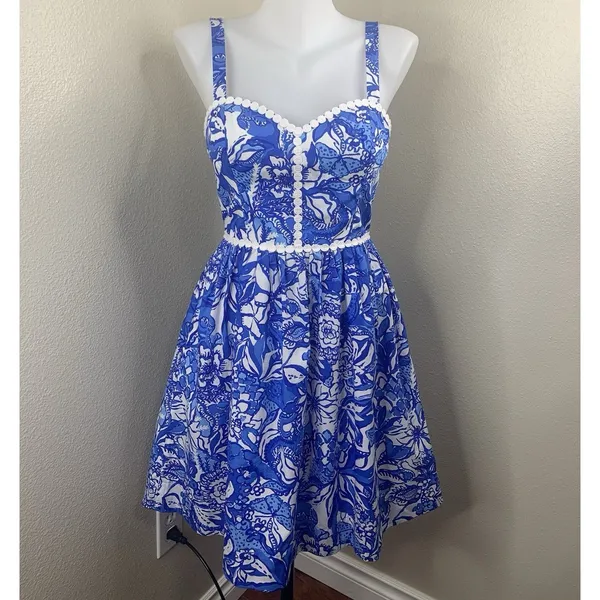 Lilly Pulitzer Haylan Cotton Dress Blue Tang Flocking Fabulous Fit Flare Sz 0 - Image 2
