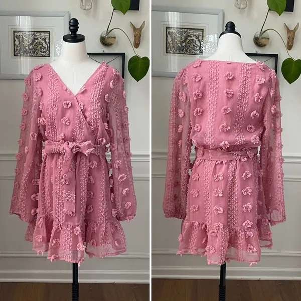 A.Calin Flying Tomato Pink Long Sleeve Pom Pom Mini Dress L - Image 2