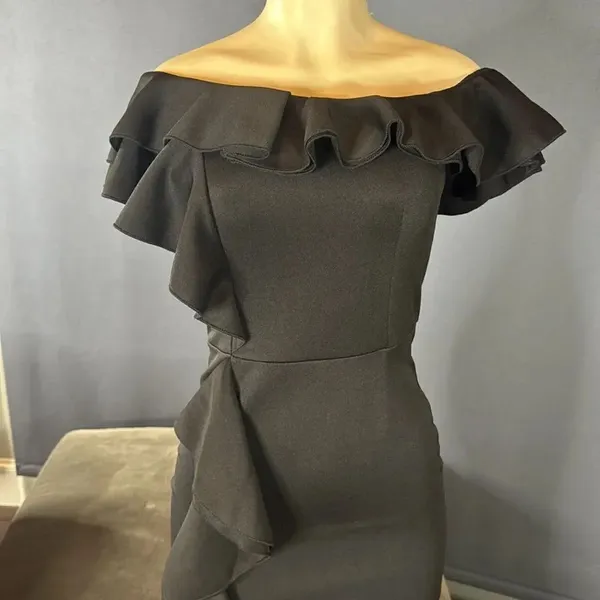Women’s Black Off-Shoulder BodyCon Midi Dress with Ruffles Size S NWOT - Image 2